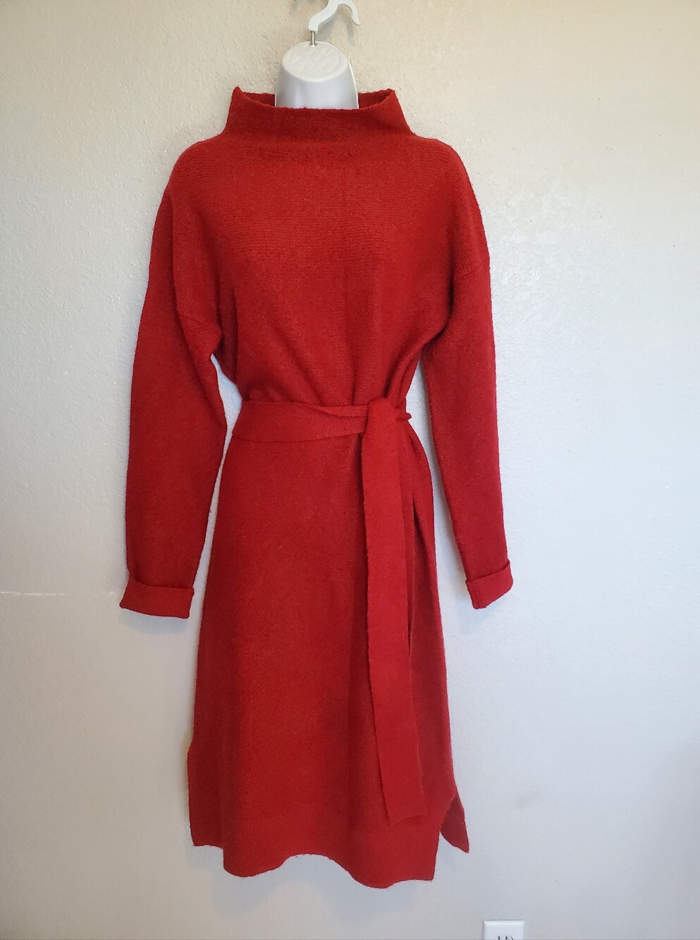 A New Day Red Belted Knit Sweater Dress Mock Neck Size Small Midi Dress